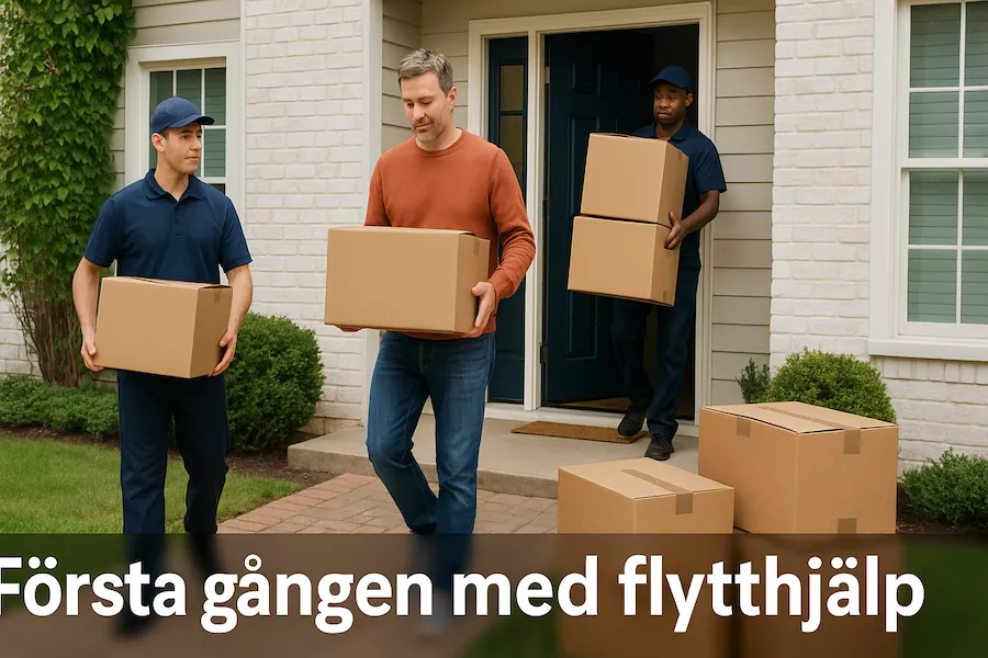 Flyttfirma bär flyttlådor ut från ett hus – första gången att anlita hjälp